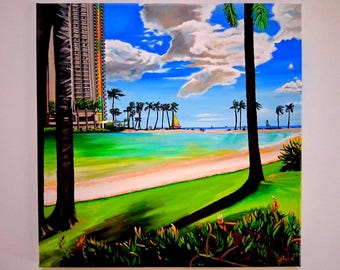Hawaii Ocean View Acrylic Painting: Coastal Wall Art (20x20 in.)