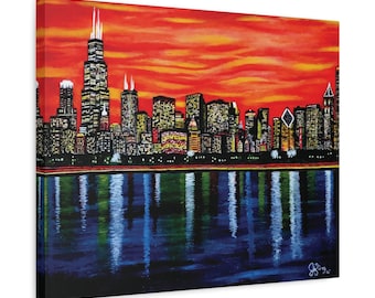 Chicago Skyline Canvas Print: JKing Acrylic Painting, Mirrored Gallery Wrap