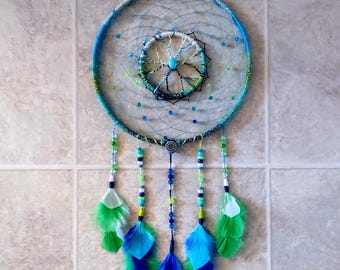 Ocean Dreamcatcher: Handmade Beaded Floss, Feather Wall Decor