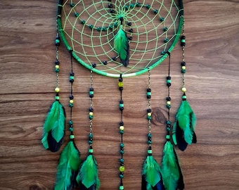 12 x 33in. "Wicked Vibes" Dreamcatcher, Green Dreamcatcher, Gemstone Beaded