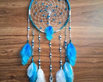 9 x 28in. "Raindrops II" Blue and White Dreamcatcher, Handmade Gifts, Coastal Gifts