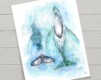May include: Watercolor painting of two humpback whales breaching in a blue and green ocean. The whales are painted in shades of gray and white, with their tails and fins visible. The water is painted in shades of blue and green, with white splashes of water.