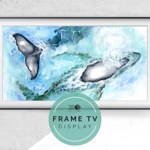 Könnte beinhalten: Ein Aquarellbild von zwei Walfischen, die aus dem Wasser springen. Das Bild ist in einem schwarzen Rahmen gerahmt und an einer weißen Wand ausgestellt. Der Text "FRAME TV DISPLAY" ist unter dem Bild sichtbar.