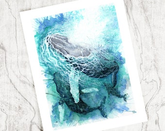 May include: Watercolor painting of a whale breaching the surface of the ocean. The whale is painted in shades of blue and gray, with white splashes of water around it. The background is a light blue watercolor wash.