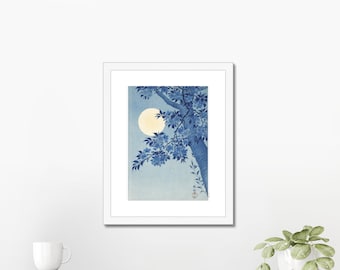 Cerezo en flor en una noche iluminada por la luna (ca. 1932) de Ohara Koson / Arte mural japonés icónico - Enmarcado 11 " x 14 " - impresiones giclée