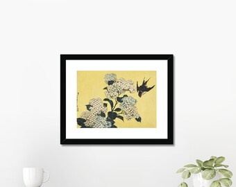 Framed Print - Hydrangea and Swallow (1833/34)  by Katsushika Hokusai - 11 " x 14 " frame size - giclee prints