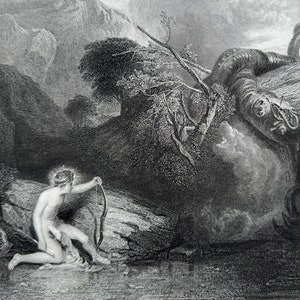 May include: A black and white engraving of a mythological scene depicting Apollo slaying the Python. Apollo is a young man with a bow and arrow, and the Python is a large serpent. The scene is set in a rocky landscape.