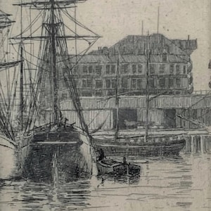 Sailing Vessels in Harbour - Original Pencil Signed Antique Etching - Hugh Paton 1891