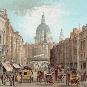 Fleet Street and St. Pauls - Original Antique Print Circa 1890