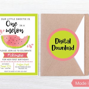 Editable First Birthday | One In A Melon | Digital Invitation | Canva Template | Printable Invite