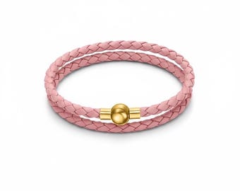 Roze gevlochten leren bedelarmband, dubbele omslag, gouden magnetische sluiting