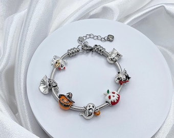 Halloween Charm Bracelet: Sterling Silver Charms, Stainless Steel Snake Chain