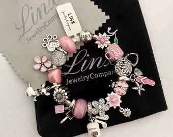 Linx Snake Chain Bracelet with Pink Themed Charms 925 sterling silver