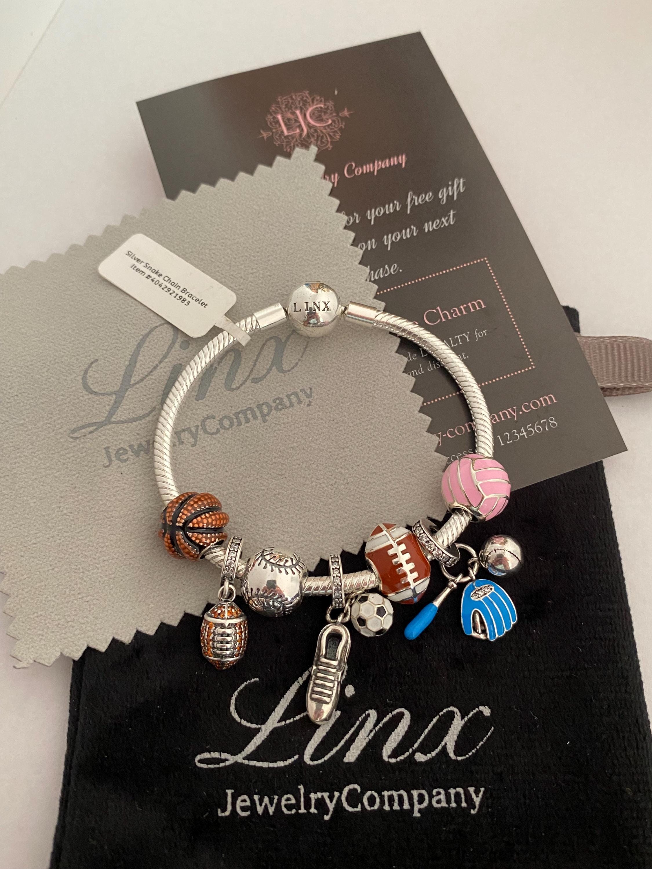 Linx Silver Snake Chain Bracelet With Sports Themed Charms 925