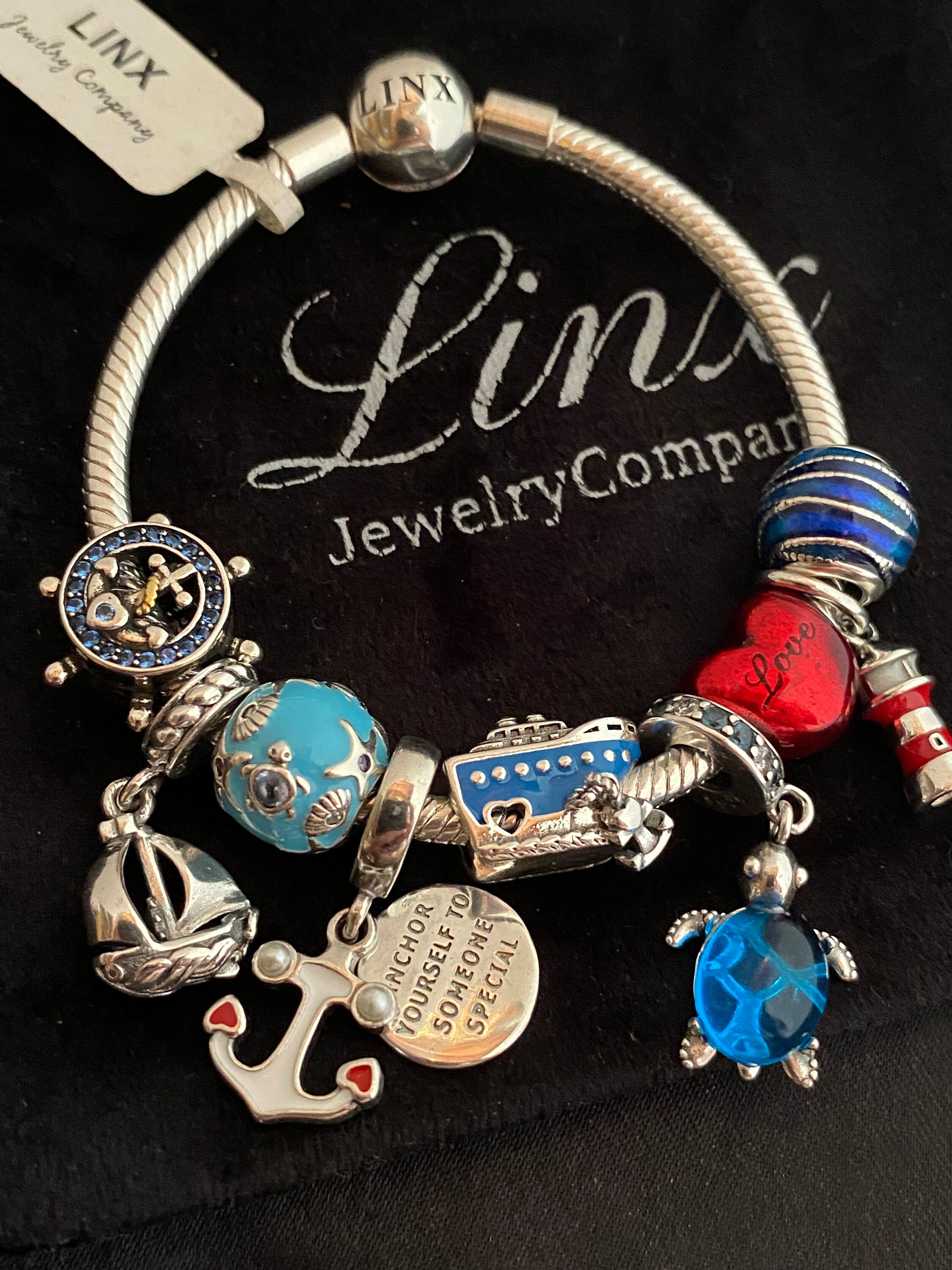 Linx Silver Snake Chain Bracelet With Love and Nautical Themed