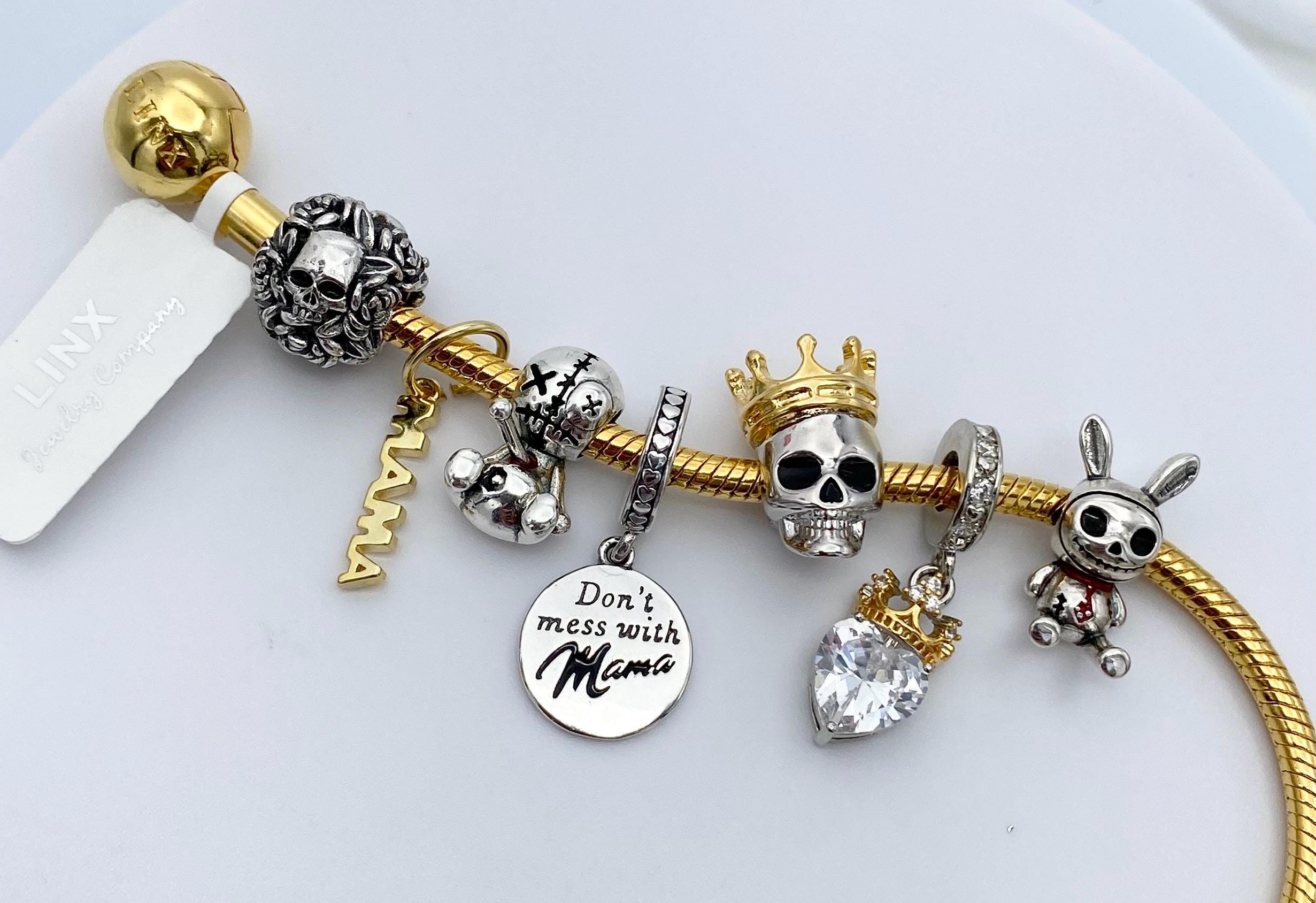 Yellow Gold Snake Chain Charm Bracelet: Sterling Silver Skull