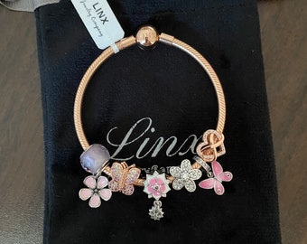 Pulsera con dije de cadena de serpiente de oro rosa: dijes de flores rosas de plata de ley