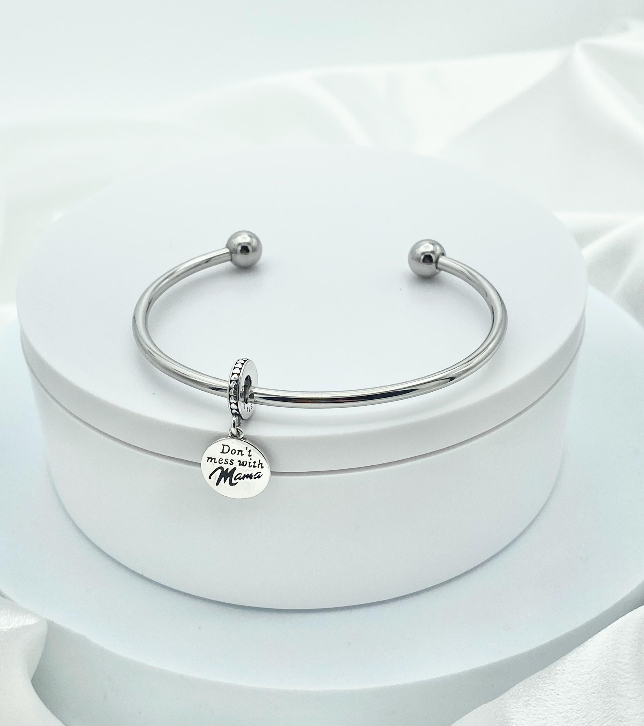 Linx Stainless Steel Open Bangle Charm Bracelet With Mama Dangle