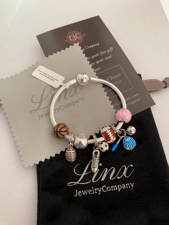 Linx Silver Snake Chain Bracelet With Sports Themed Charms 925