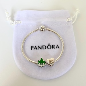 Op de afbeelding: Een zilveren slangenkettingarmband met een ronde sluiting gegraveerd met Pandora, een groene bladvormige bedel met een cartoongezicht en een zilveren hartvormige bedel met de tekst Best Buds, rustend op een wit stoffen zakje.