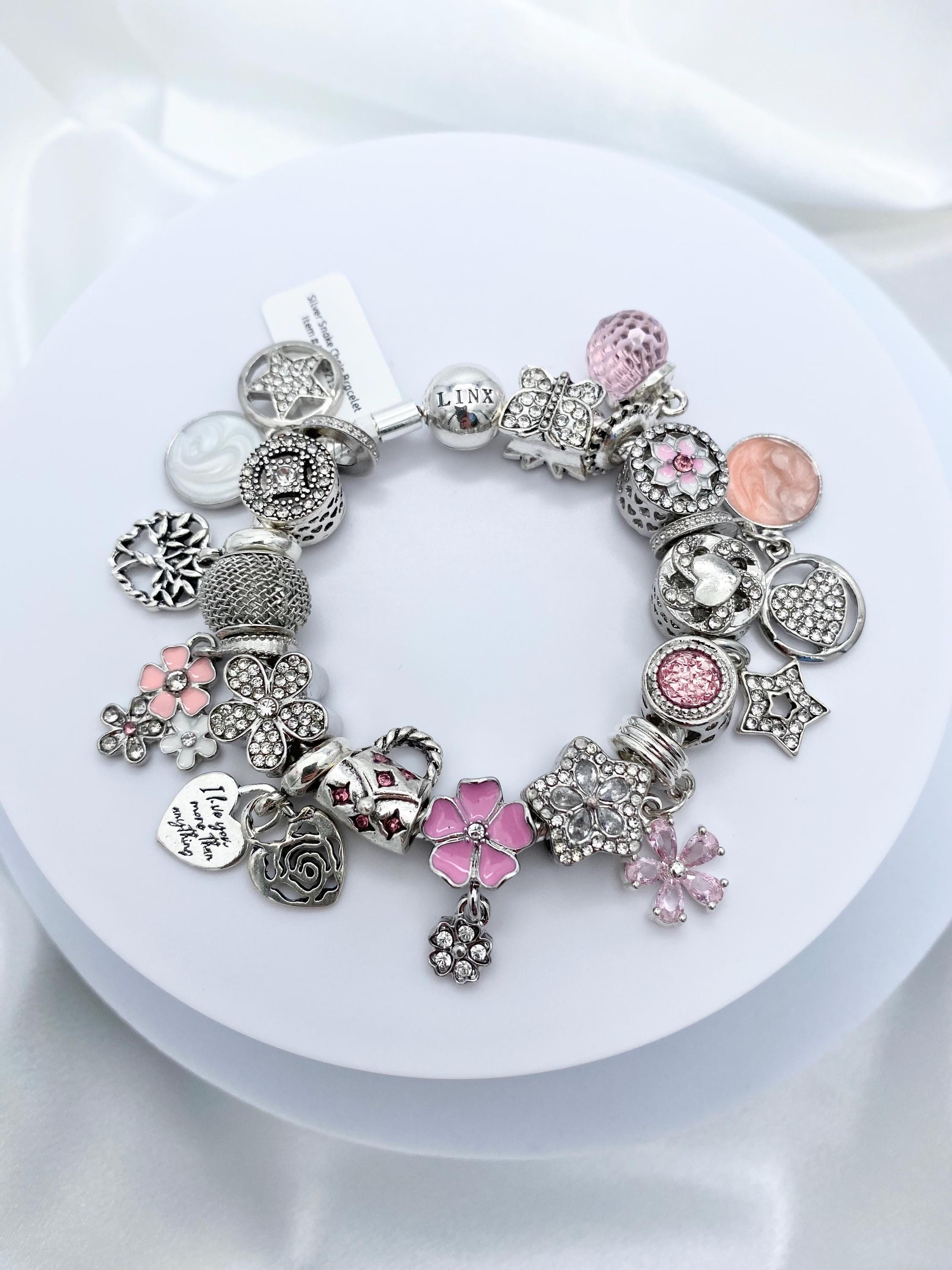 Linx Silver Snake Chain Bracelet With Pink Themed Charms - Etsy