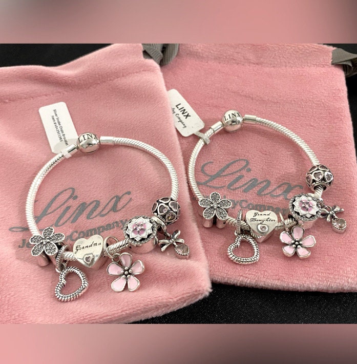 2 Matching Linx Bracelets with Pink Grandma and Granddaughter Themed Charms