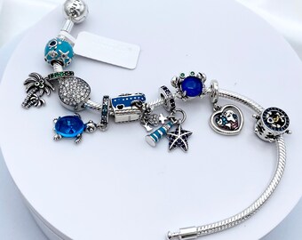 スターリングシルバーの航海チャームブレスレット：ブルーオーシャン