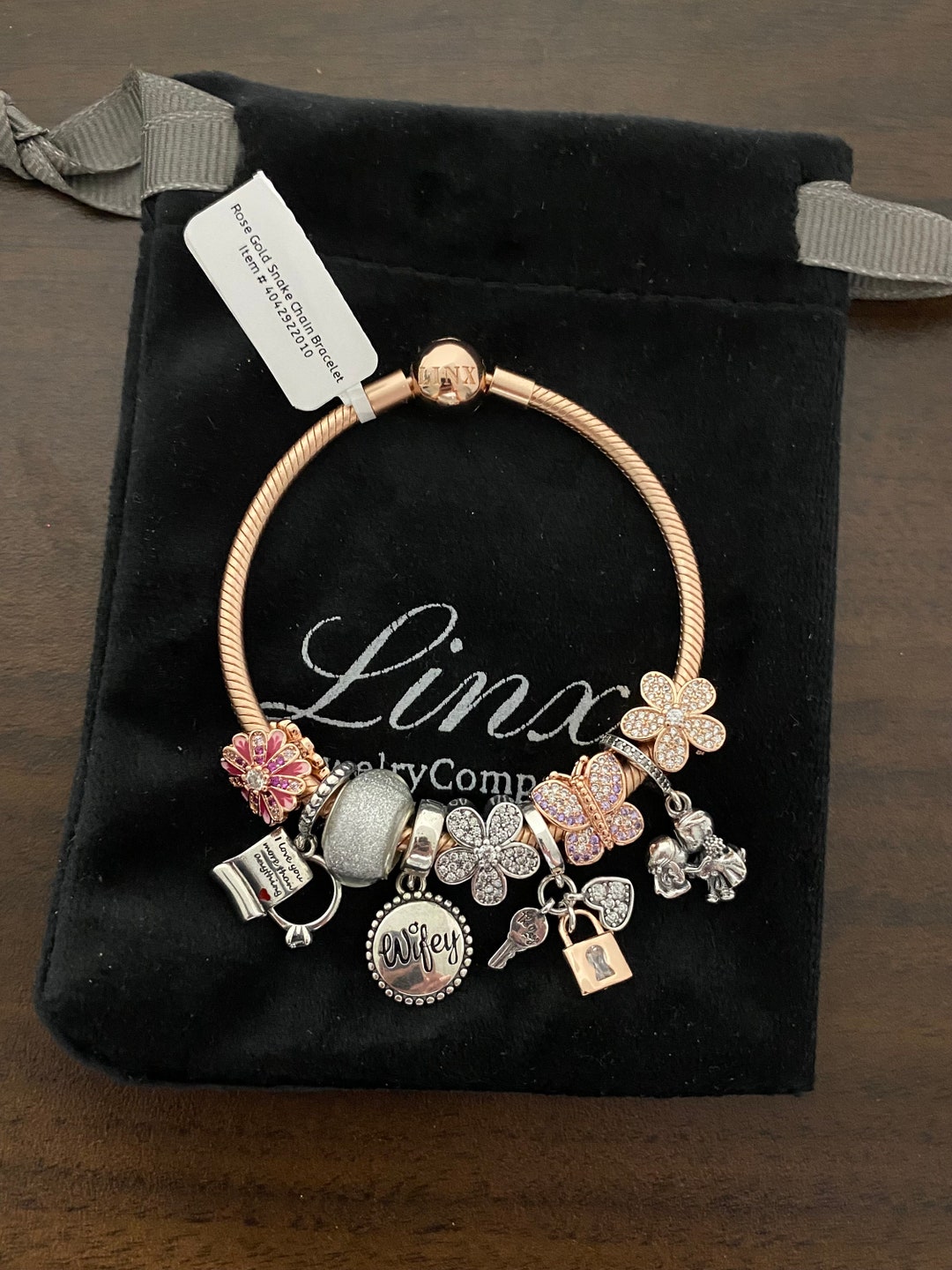 Rose Gold Snake Chain Charm Bracelet: Sterling Silver Wife Charms