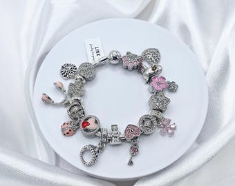 Linx Snake Chain Charm Bracelet with Pink Themed Charms