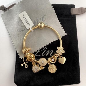 May include: Gold chain bracelet with charms, including a heart, a flower, a key, a wing, and a medical symbol. The bracelet is on a black velvet pouch with the word "Linx" printed on it.