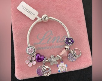 パンドラブレスレット（ピンクとパープルをテーマにしたチャーム付き
