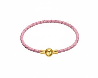 Linx roze gevlochten leren bolo koord bedelarmband met geelgouden magnetische sluiting