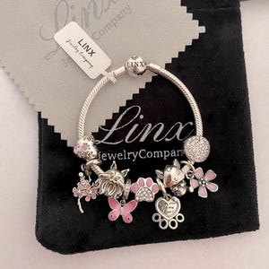 Linx Silver Snake Chain Bracelet with Cat Themed Charms 925 sterling silver