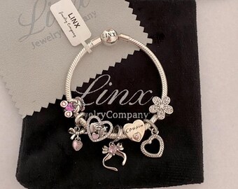 Linx Silver Snake Chain Bracelet With Cousin Themed Charms 925