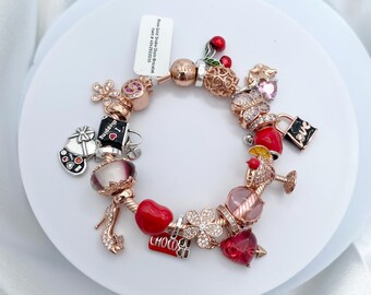 Rose Gold Snake Chain Charm Bracelet: Pink & Red Valentine's Charms