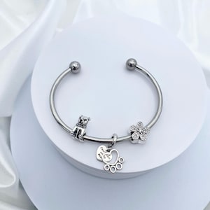 Linx Stainless Steel Open Bangle with Pitbull Themed Charms Bulldog Bullie Dog Mom 925 sterling silver
