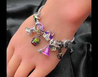 Witch Charms Snake Chain Bracelet: Sterling Silver Halloween Theme