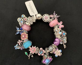 Linx Snake Chain Bracelet with Purple Pink Iridescent and Blue Themed Charms 925 sterling silver