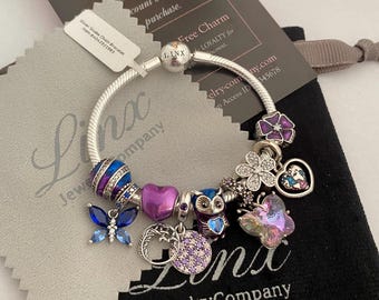 Linx Silver Snake Chain Bracelet with Purple and Blue Themed Charms 925 sterling silver