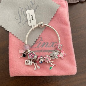Linx Snake Chain Bracelet with Pink Themed Charms 925 sterling silver