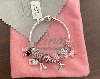 Linx Snake Chain Bracelet with Pink Themed Charms 925 sterling silver