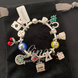 Linx Snake Chain Bracelet with Casino Gambling Themed Charms 925 sterling silver