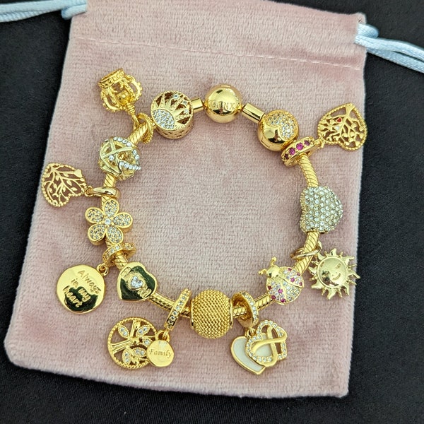 Linx Yellow Gold Snake Chain Bracelet with  Mom and Family Themed Charms