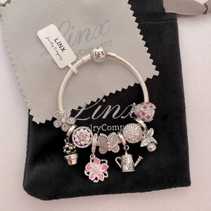 Linx Silver Snake Chain Bracelet with Pink Flower Plants Gardening Charms 925 sterling silver