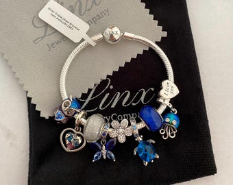Linx Silver Snake Chain Bracelet with Blue Themed Charms 925 sterling silver