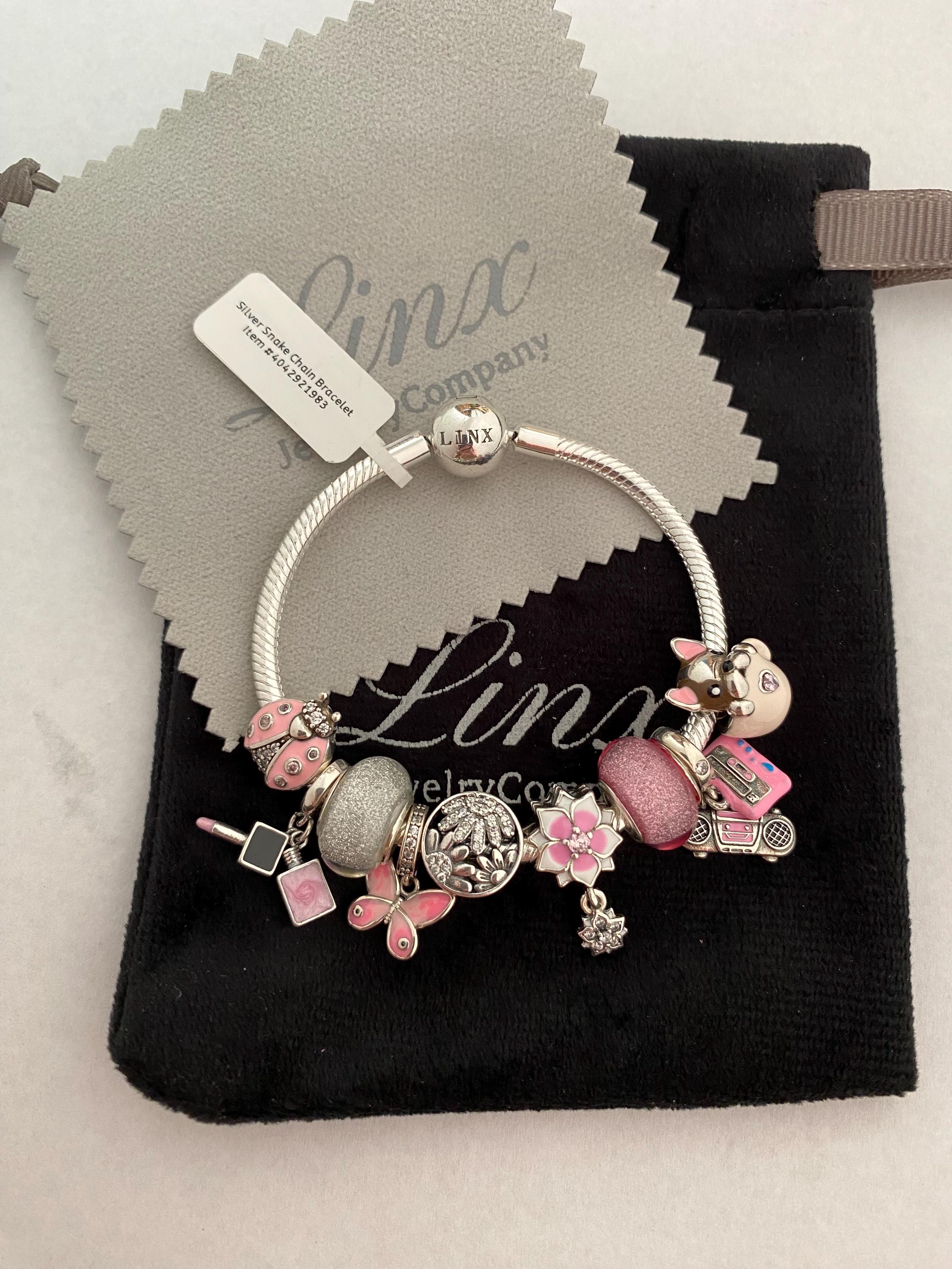 Linx Silver Snake Chain Bracelet With Pink Themed Charms 925