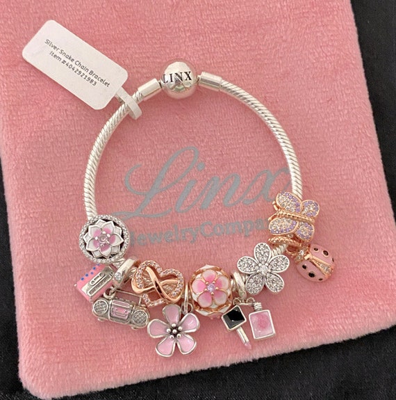 Linx Rose Gold Snake Chain Bracelet with Silver Pink and Rose Gold Themed Charms