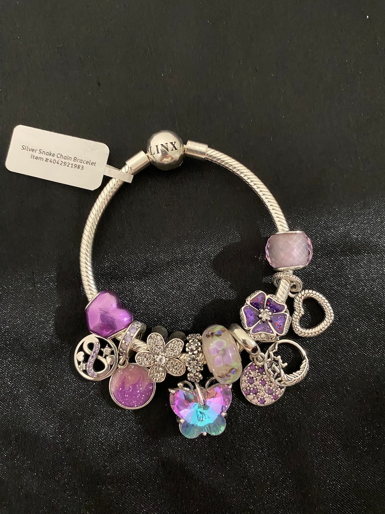 Infinity Linx Flower Linx Snake Chain Bracelet With Purple Themed Charms - Etsy