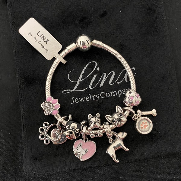 Linx Silver Snake Chain Bracelet with French Bulldog Frenchie Themed Charms 925 sterling silver