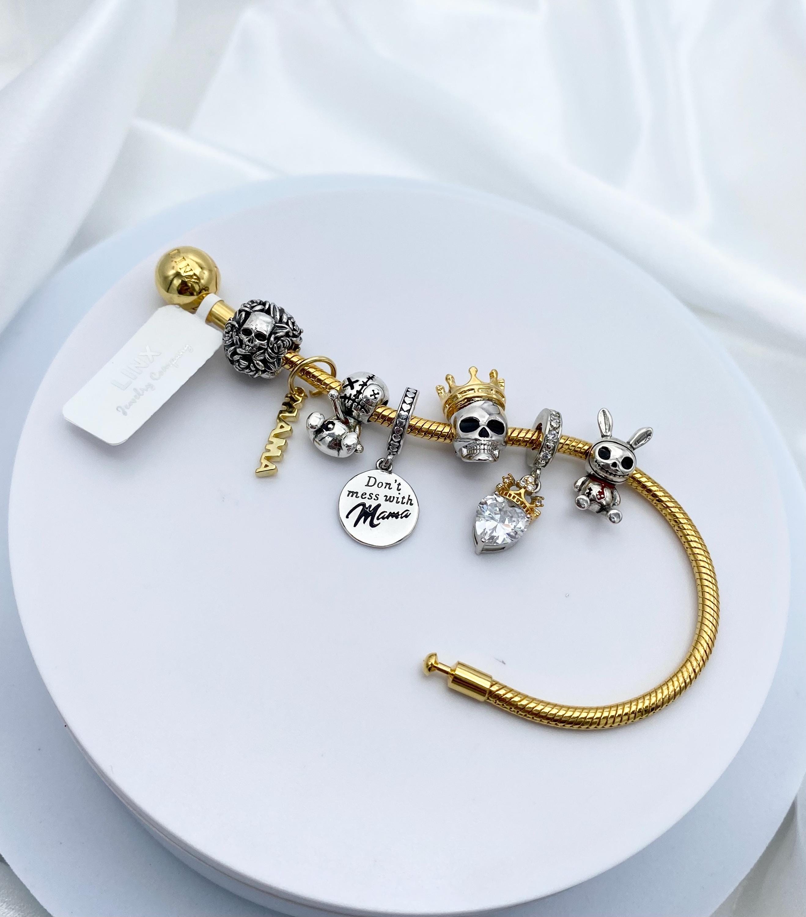 Yellow Gold Snake Chain Charm Bracelet: Sterling Silver Skull